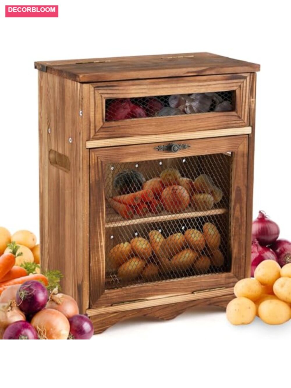 Wooden Potato Onion Bin Ventilated Kitchen Counter Storage Box